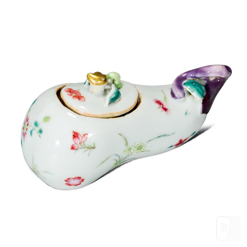 清中期 粉彩折枝花卉纹仿生茄型水盂